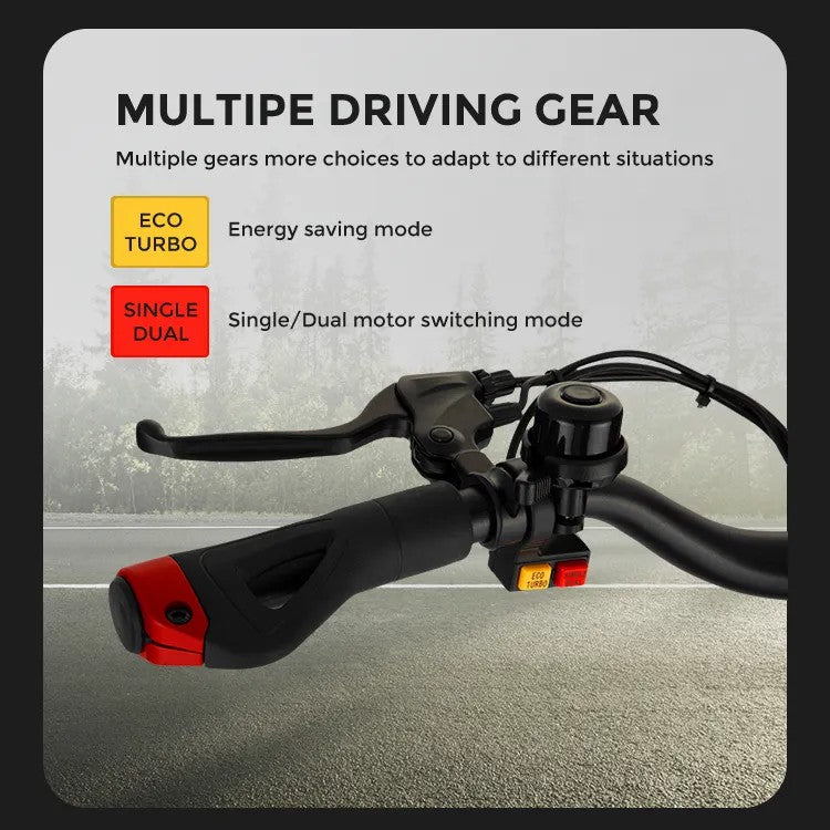 Miniwalker Tiger 10 Pro's ECO and TURBO gear modes with single and dual motor switches.