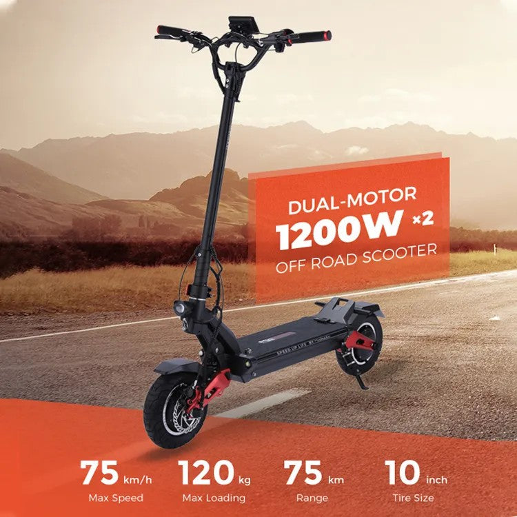 Miniwalker Tiger 10 Pro E Scooter displayed with dual-motor 1200W power and speed specifications.