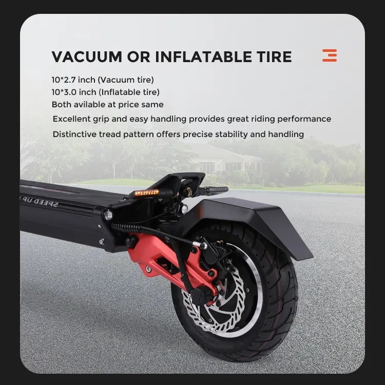 Miniwalker Tiger 10 Pro E Scooter with vacuum or inflatable tire highlighting its excellent grip and distinctive tread pattern.