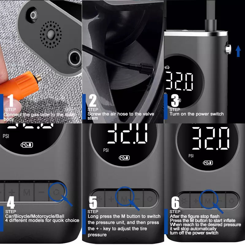 Compact And Portable Wireless Tyre Pump Features