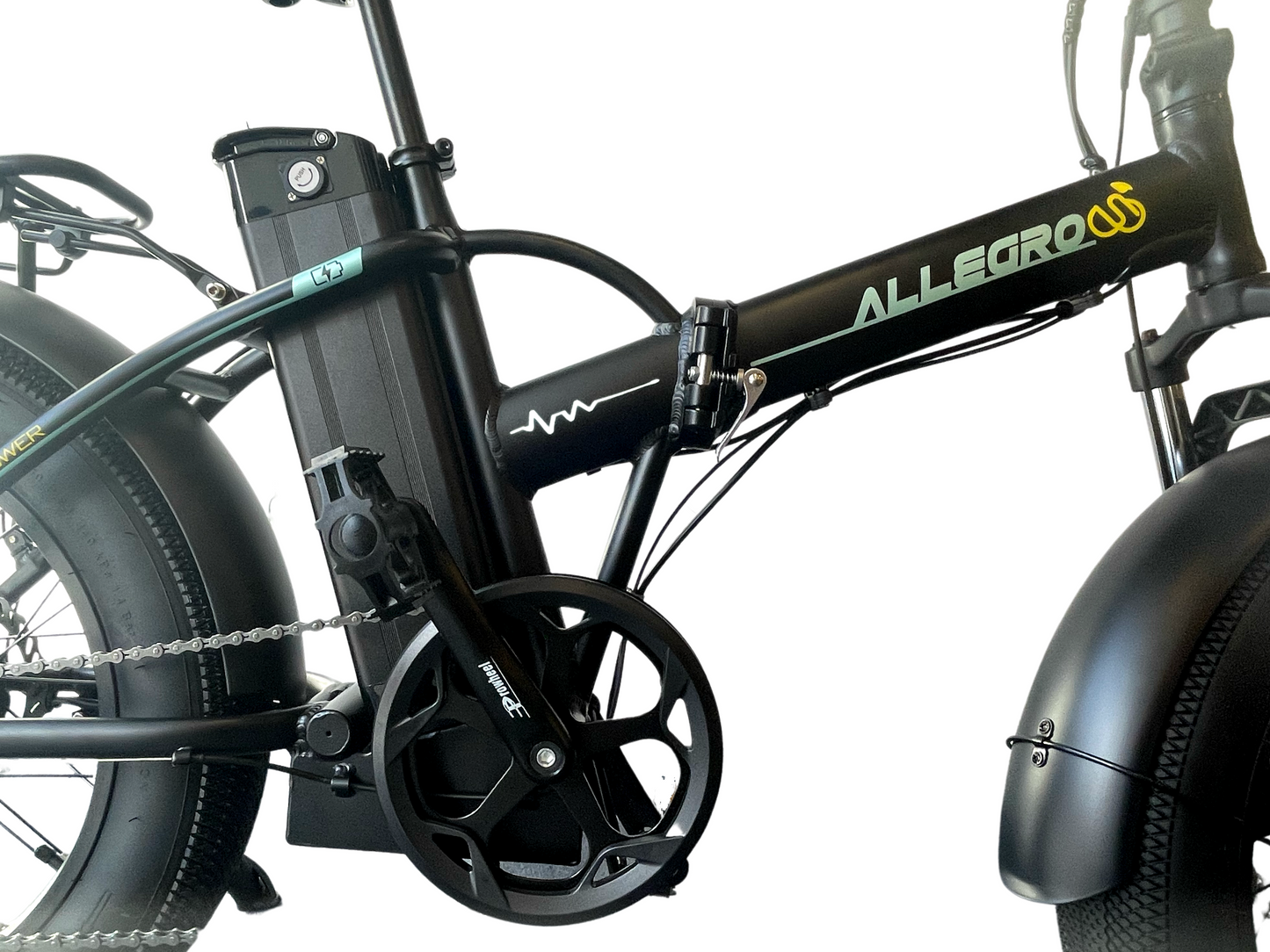 Mid-section of Allegro Electric Bike showing the battery pack and sturdy frame.