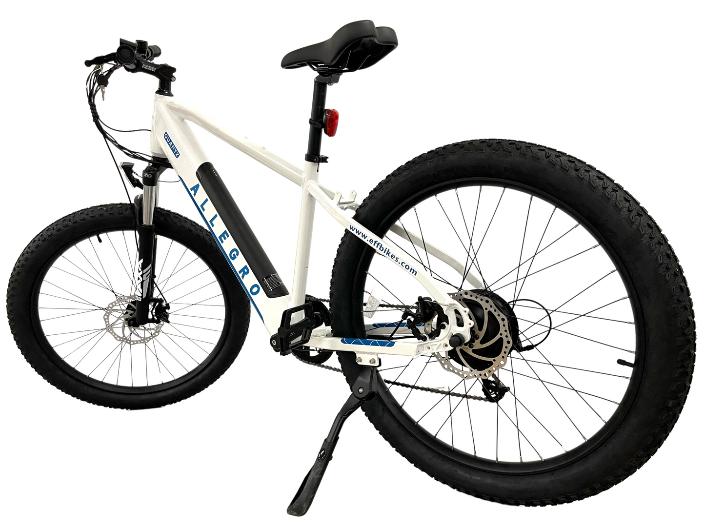 Rear angle of white Eff Bike Allegro Quartz Electric Bike showing battery placement