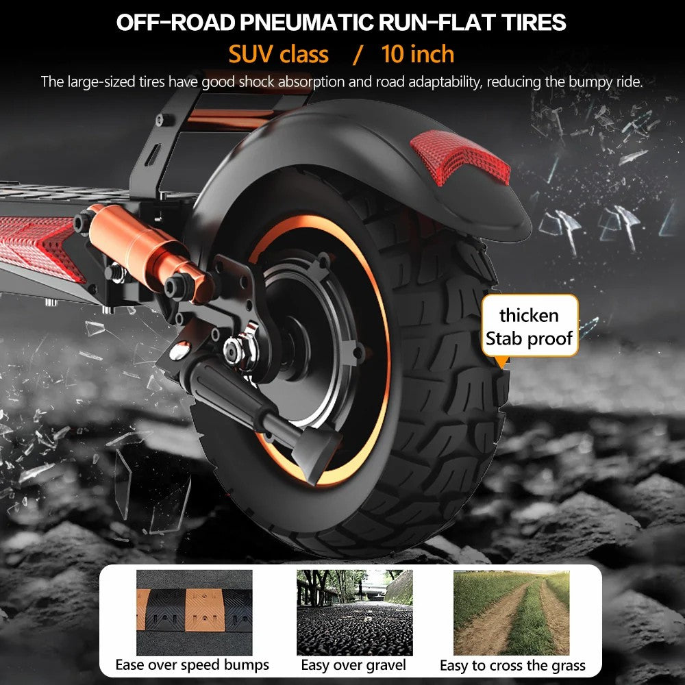 Close-up of the Ienyrid M4 Pro's off-road tire design showing stability and shock absorption.
