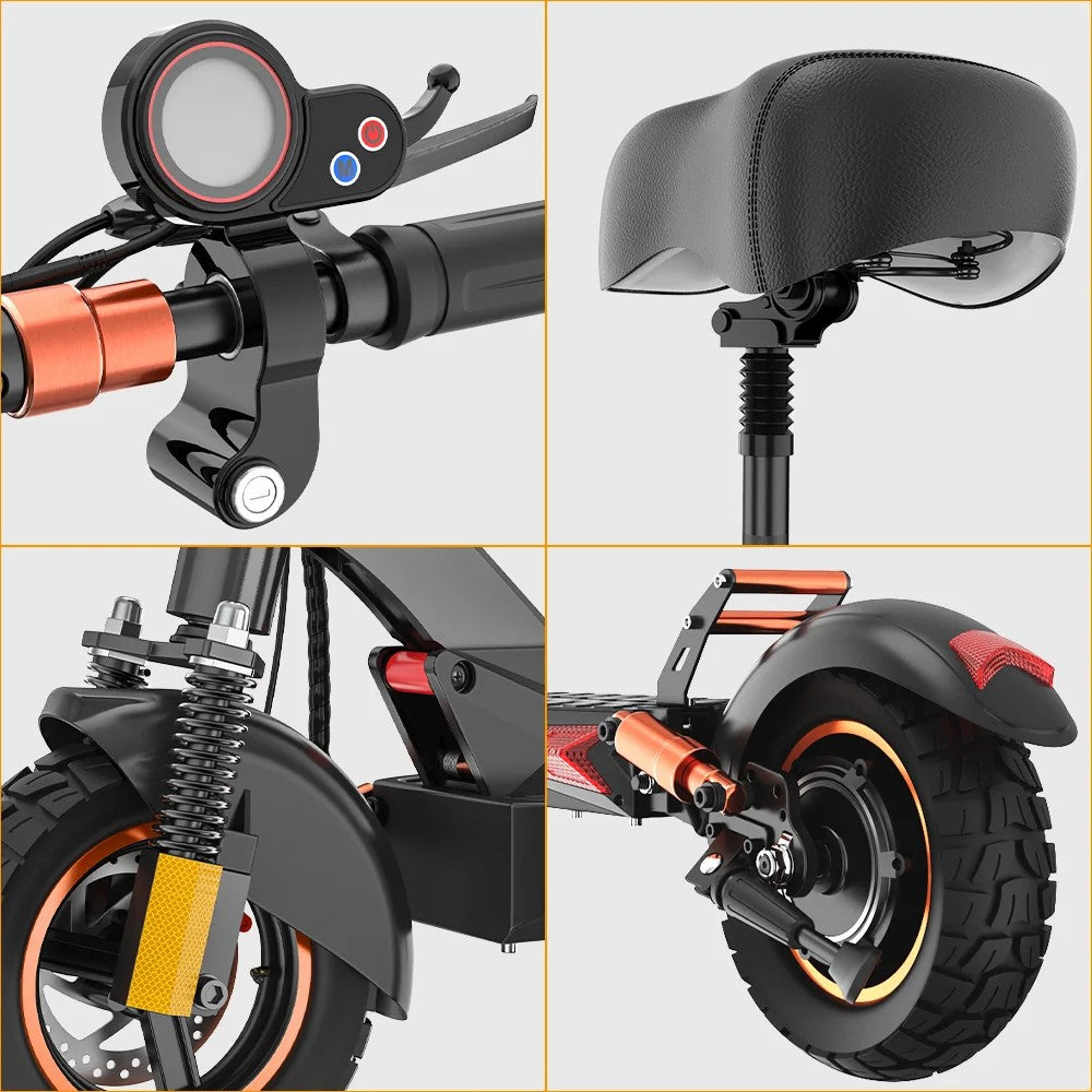 Detailed view of Ienyrid M4 Pro Electric Scooter's handlebar controls, comfortable seat, front suspension, and rugged tire.iENYRID M4 PRO S+ 16ah Electric scooter