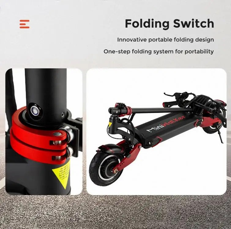 Folding switch of the Miniwalker MW10-DDM Electric Scooter showing the portable design.