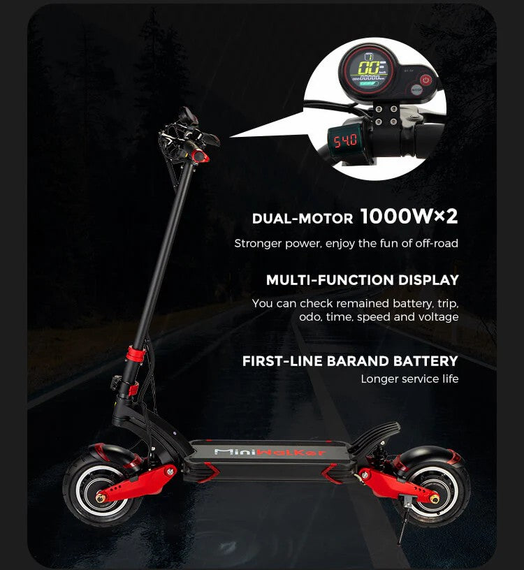 Miniwalker MW10-DDM Electric Scooter deck with range and max speed specifications.