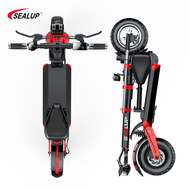 Top and folded views of the Sealup Electric Scooter q18 highlighting its portable design